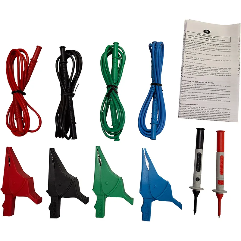 Zubehörset für Durchgangsprüfung: 4 Messleitungen, 4 Krokoklemmen, 2 Prüfspitzen