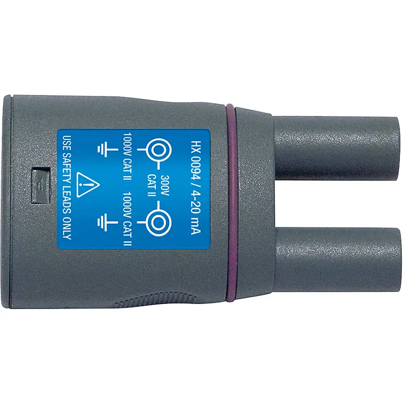 Adapter 4-20mA mit Sicherheitsbuchsen Ø 4 mm für sichere Signalanschlüsse in Messgeräten.