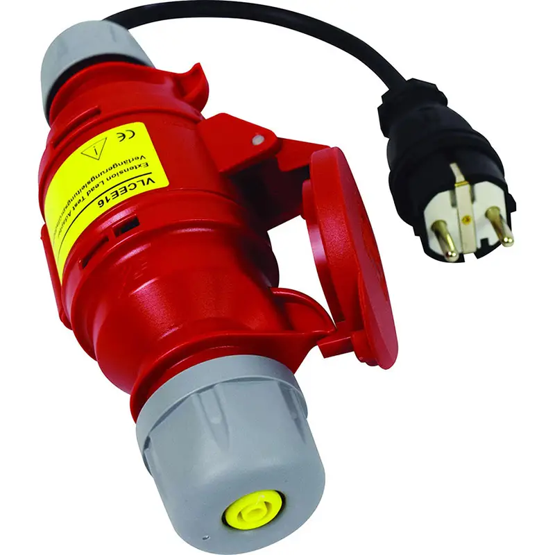 Adapter zur Prüfung von 5-poligen CEE-16 Verlängerungsleitungen mit rot-grauer Gehäusestruktur und Steckeranschluss.