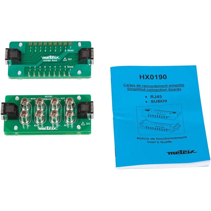 Anschlusskarte für Mess- und Prüftechnik mit RJ45- und SUBD 9-Pin-Anschlüssen auf grüner Leiterplatte.