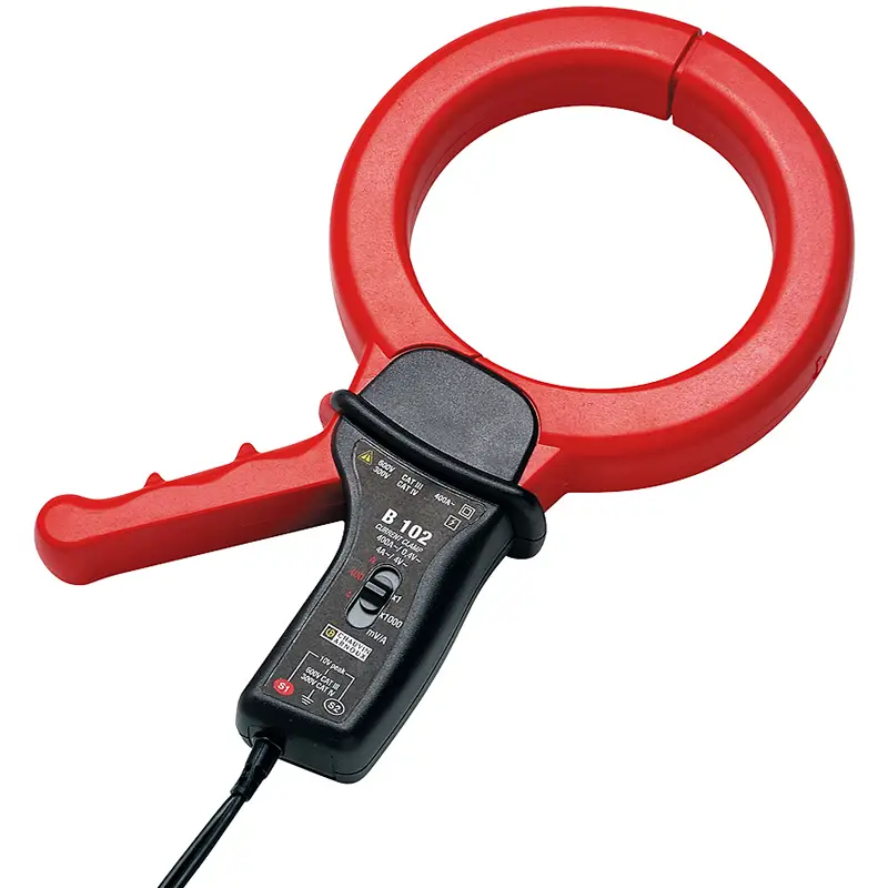 Strommesszange B102 mit rotem Griff und Markierungen zur Strommessung in elektrischen Anlagen