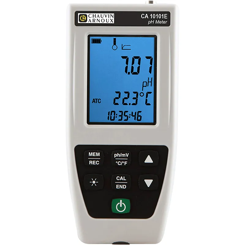 Tragbares pH-Meter CA 10101E mit LCD-Display, Analogausgang und Bedienelementen für Laboranwendungen.