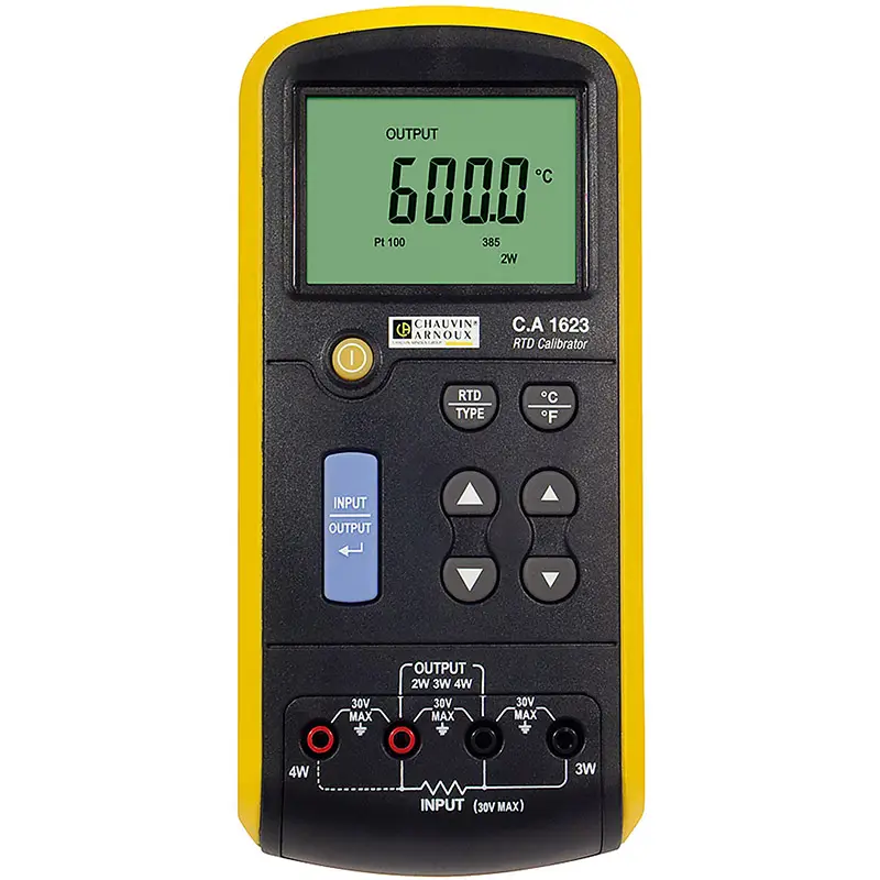 RTD-Kalibrator Modell CA 1623 mit LCD-Display und Anschlüssen für 2W-, 3W- und 4W-Verbindungen