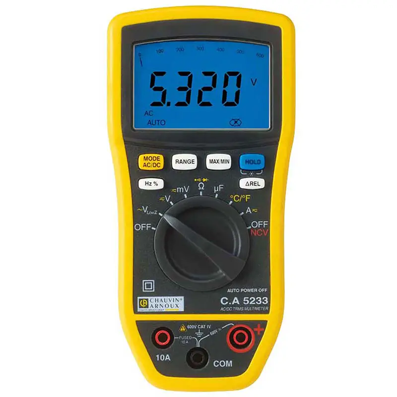 TRMS-Multimeter CA 5233 mit digitalem Display und Messfunktionen für Spannung, Strom und Widerstand.