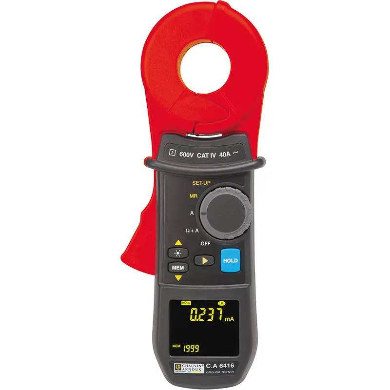 Erdungsprüfzange CA 6416 mit rotem Zangenkopf und digitalem Display zur Messung von Erdungswerten
