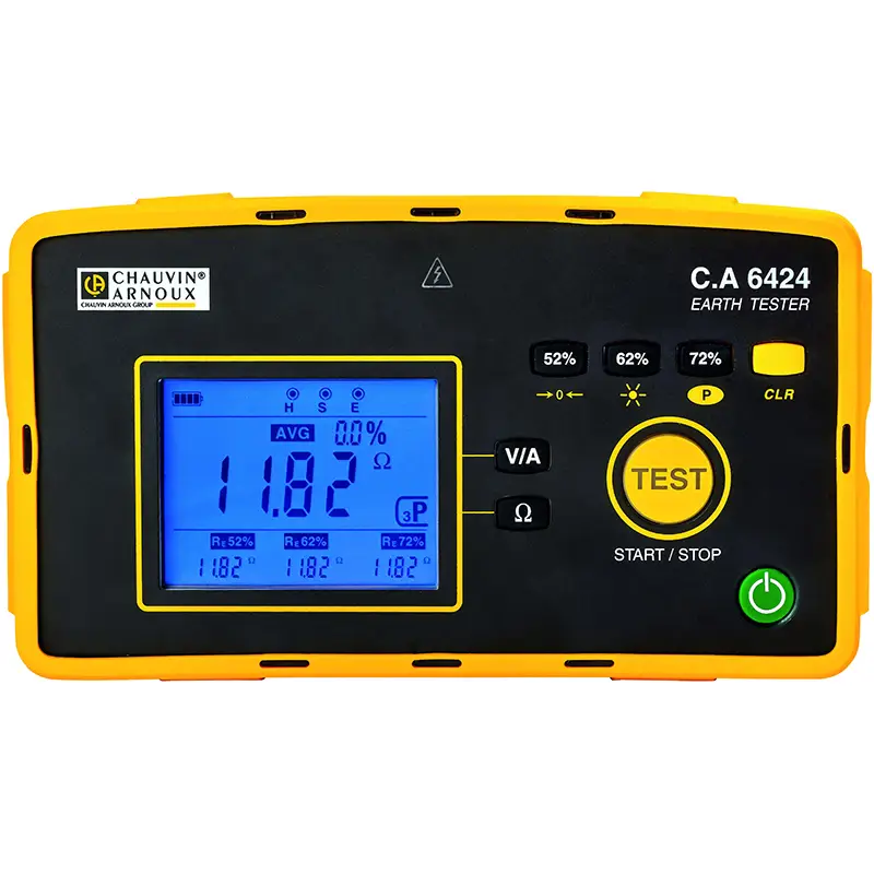 Tragbarer Erdungsmesser CA 6424 mit LCD-Display und gelbem Gehäuse zur Messung von Erdungswiderständen.