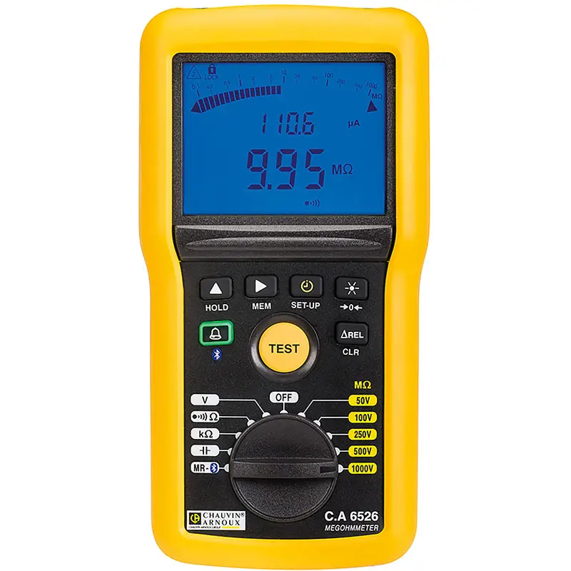 Isolationsmesser CA 6526 mit gelbem Gehäuse, LCD-Display und Drehscheibe für Messarten