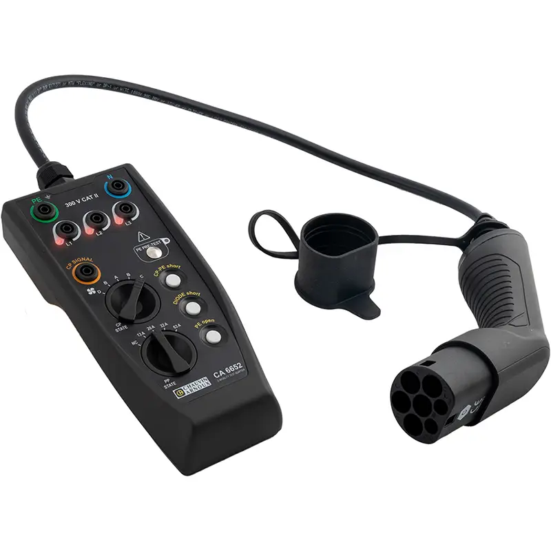 EVSE-Prüfadapter CA 6652 mit Typ-2-Anschluss und Schnittstellen zur Messung von Ladeparametern an AC-Ladestationen