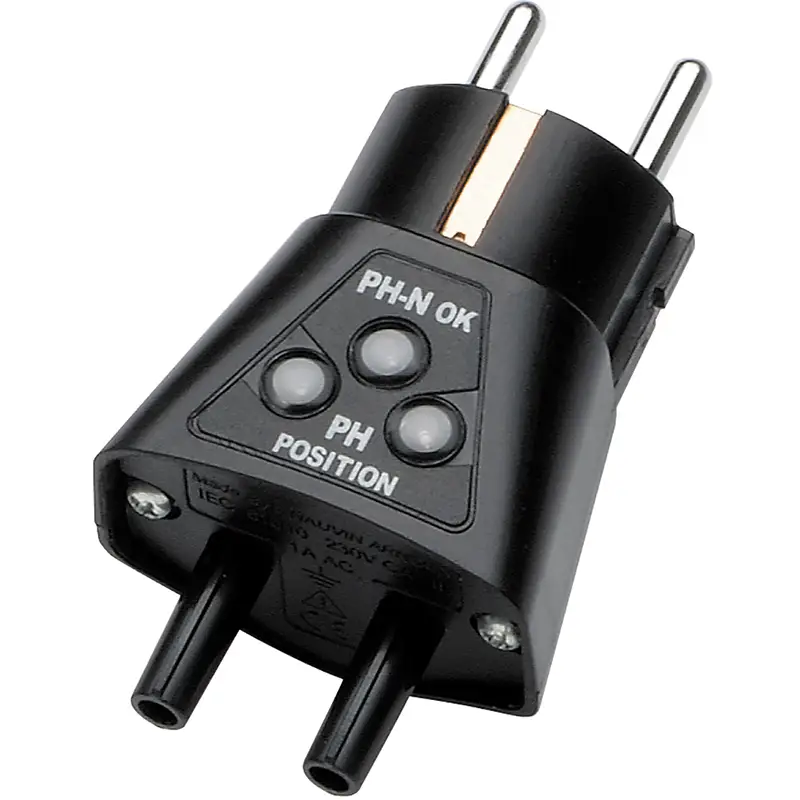 Adapter zur Messung an Schutzkontakt-Steckdosen mit drei LED-Anzeigen für Phasen- und Neutralleiter