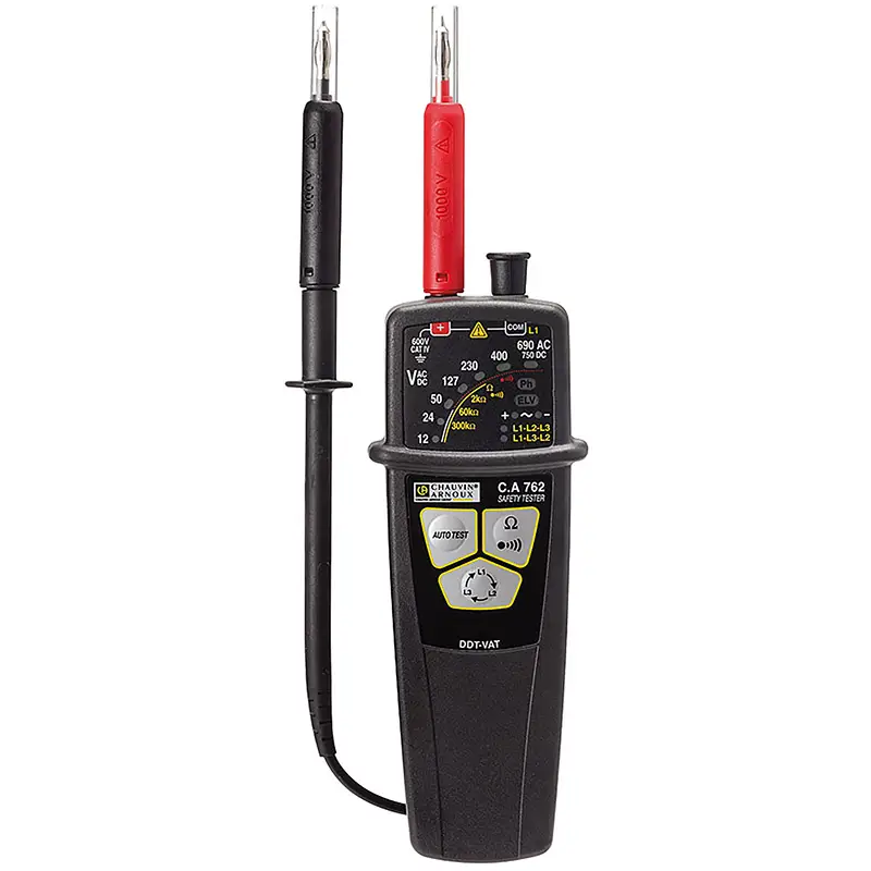 Spannungsprüfer CA 762 IP2X mit schwarzen und roten IP2X-Prüfspitzen und digitalem Display