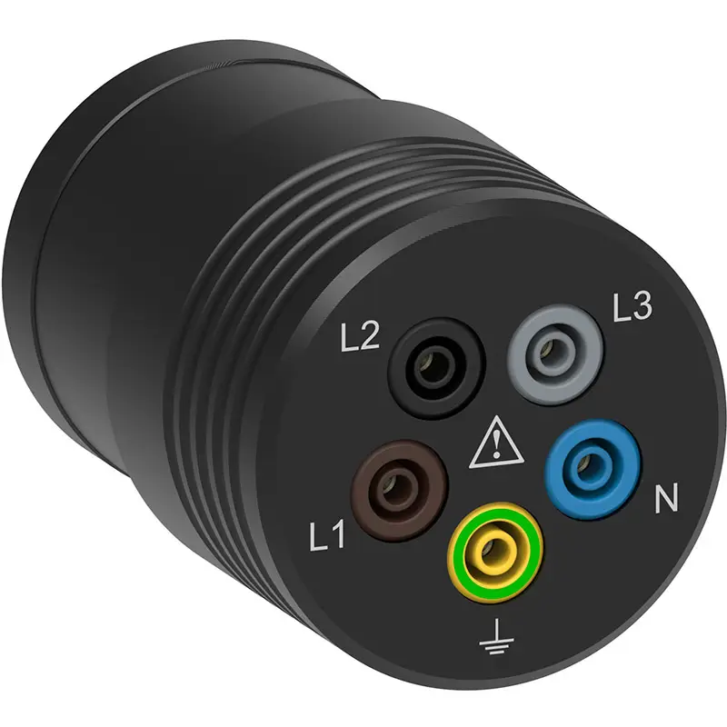 CEE-Adapter 32A mit markierten Phasen (L1, L2, L3), Neutralleiter (N) und Schutzleiter (PE).