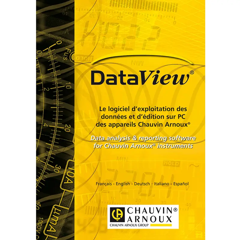 Softwarebox DataView für Datenanalyse und Berichte von Messgeräten in Gelb-Schwarz-Design