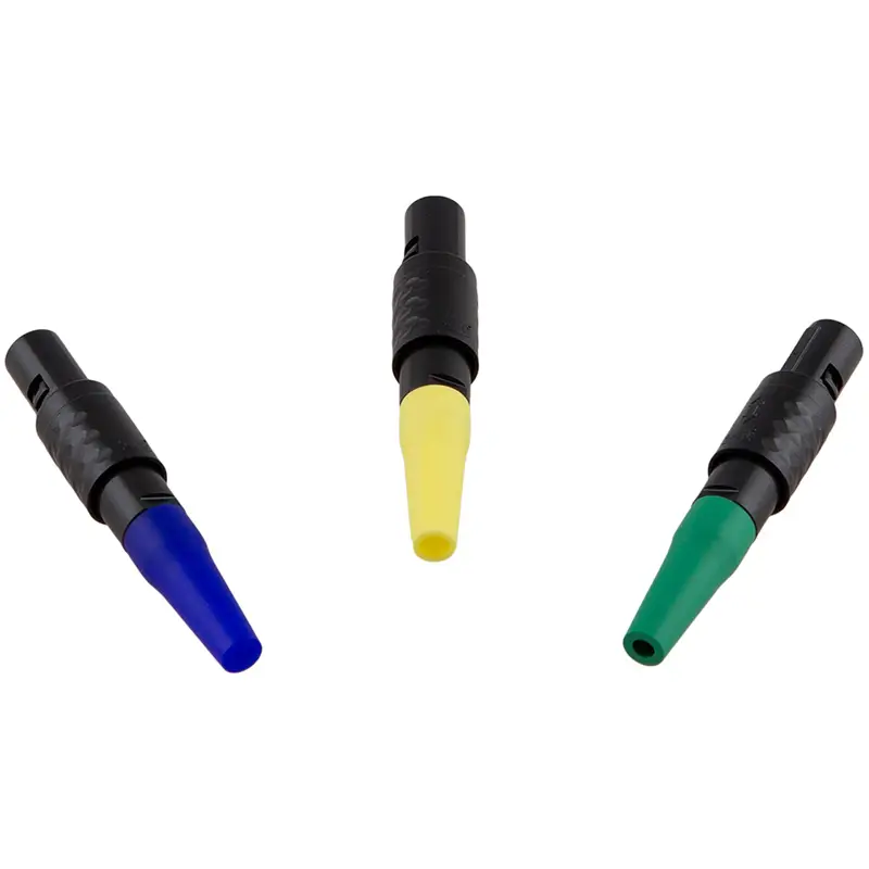 Erweiterungsstecker-Set mit drei farbkodierten Steckern für technische Messgeräte