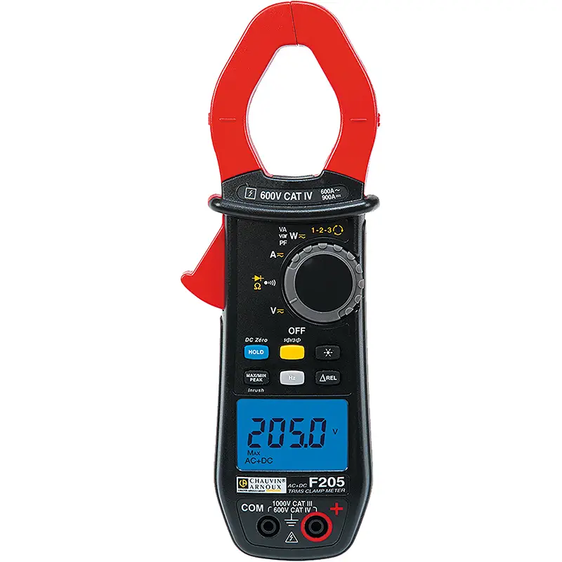 Vielfachmesszange F205 zur Messung von Strom, Spannung und Widerstand mit rotem Zangenkopf und Display.