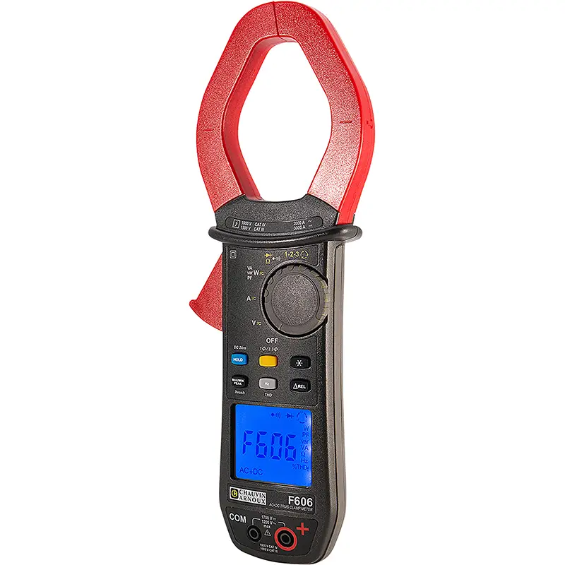 Vielfachmesszange F606 mit rotem Griff, blauem Display und Bedienelementen zur Messung elektrischer Werte.