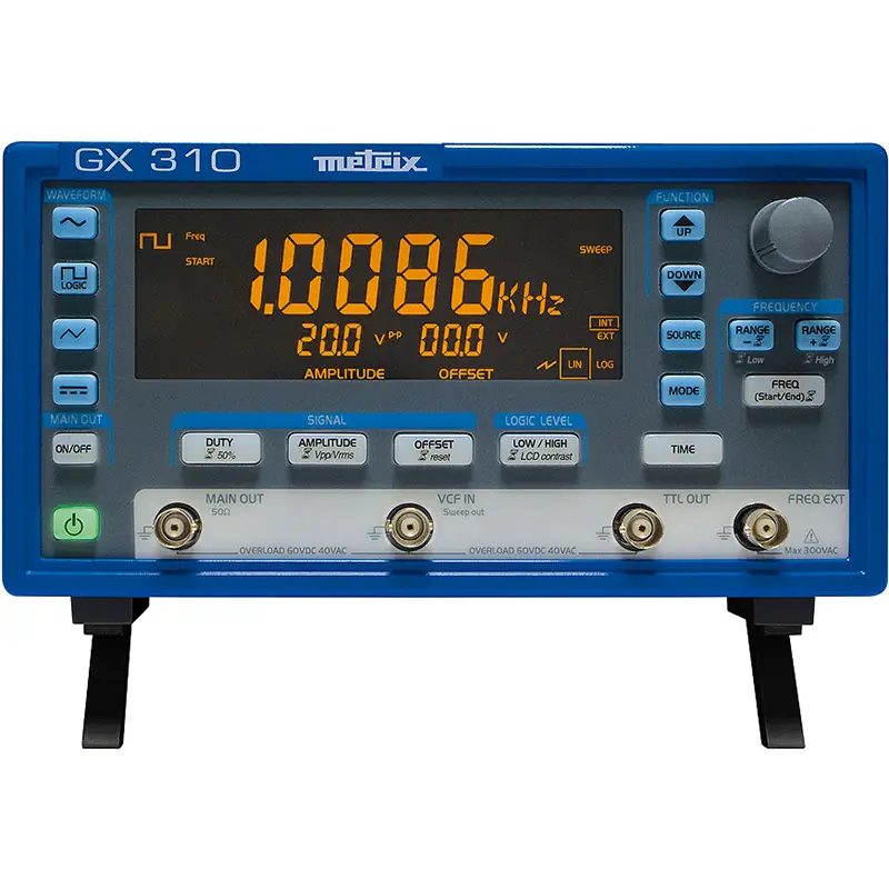 Funktionsgenerator GX 310 mit blauem Gehäuse, LCD-Display und Bedienelementen für Signalparameter