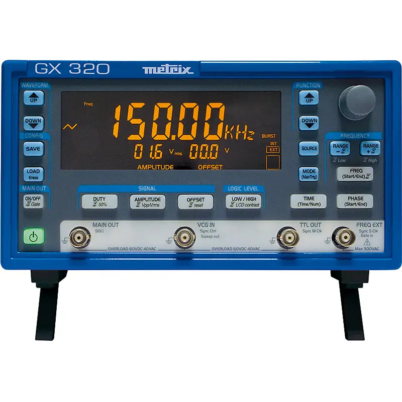 Tragbarer Funktionsgenerator GX 320 mit Displayanzeige für Frequenz, Amplitude und Offset