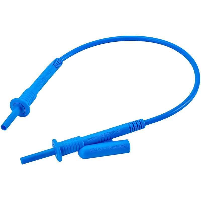 HV-Messleitung 5 kV, 35 cm lang mit blauer Isolierung und axialer Buchse für Messgeräte.