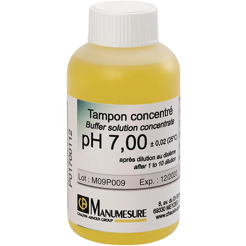 Transparente Flasche mit konzentrierter pH-Pufferlösung 7,00 (125 ml) und weißem Schraubverschluss.