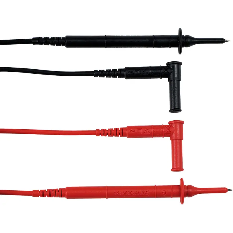 Messleitungen mit Prüfspitzen, 4 mm Winkelstecker, 1,5 m Länge, 15A, CAT IV 1000V, PVC-Isolierung in rot und schwarz