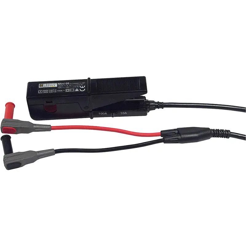 Tragbare Stromzange MINI 05 mit schwarzem Gehäuse und roten Kabeln für 1A- und 1V-1mV-Messungen