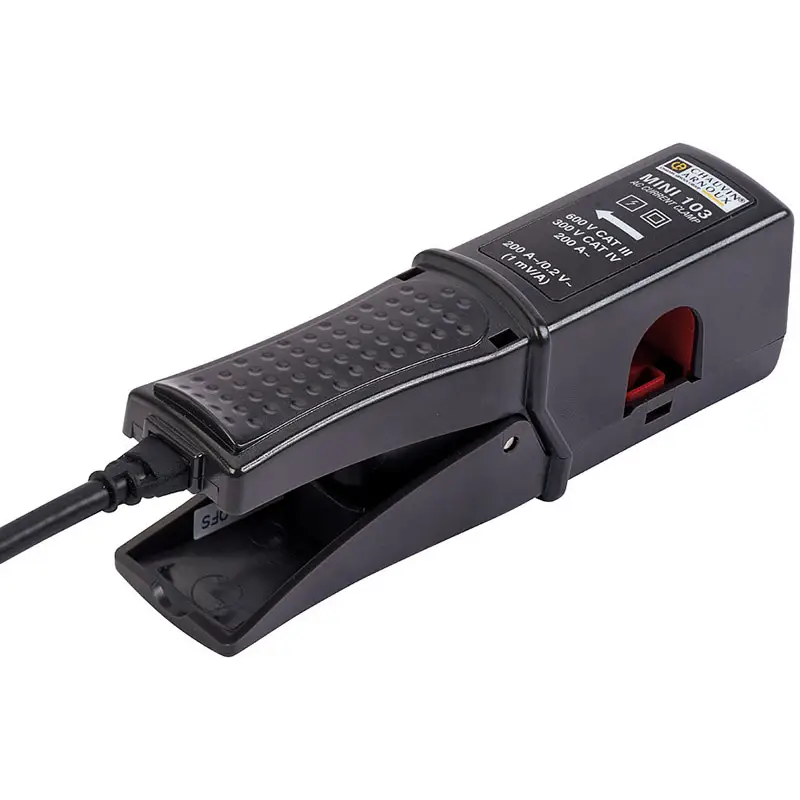Stromzange MINI 103 mit technischen Angaben 1A / 1mV und CAT-Werten für Messanwendungen