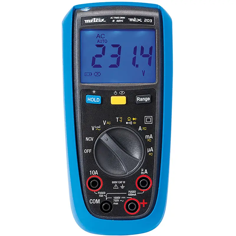 Digitalmultimeter MTX 203 mit Spannungsmessung im Display und sichtbaren Bedientasten