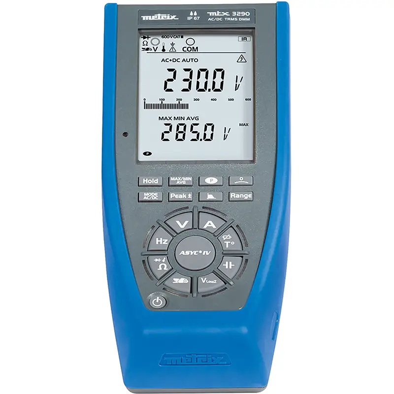 Digital-Multimeter MTX 3290 mit LCD-Display und Tasten für Spannungs-, Strom- und Widerstandsmessung.