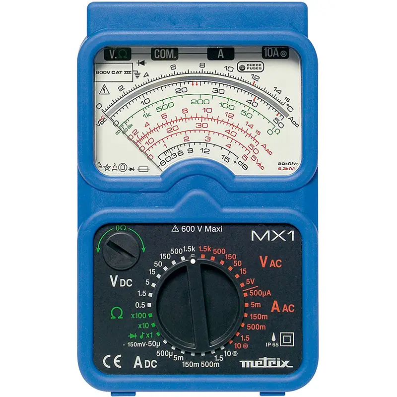 Analog-Multimeter MX 1 mit Skalen für Spannung, Strom und Widerstand sowie Drehknopf zur Messbereichsauswahl