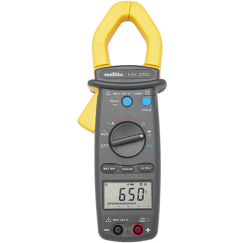 Digitale Vielfachmesszange MX 650 mit Display, Tasten für PEAK, HOLD und Messbereichen.