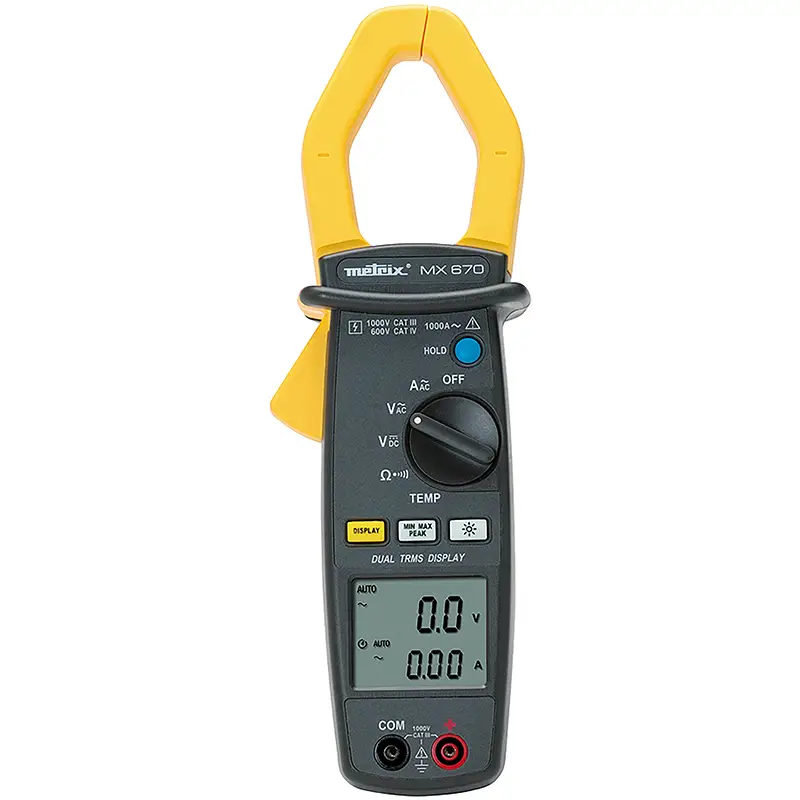 Tragbare Vielfachmesszange MX 670 mit digitalem Display und Messfunktionen für Strom, Spannung und Widerstand.
