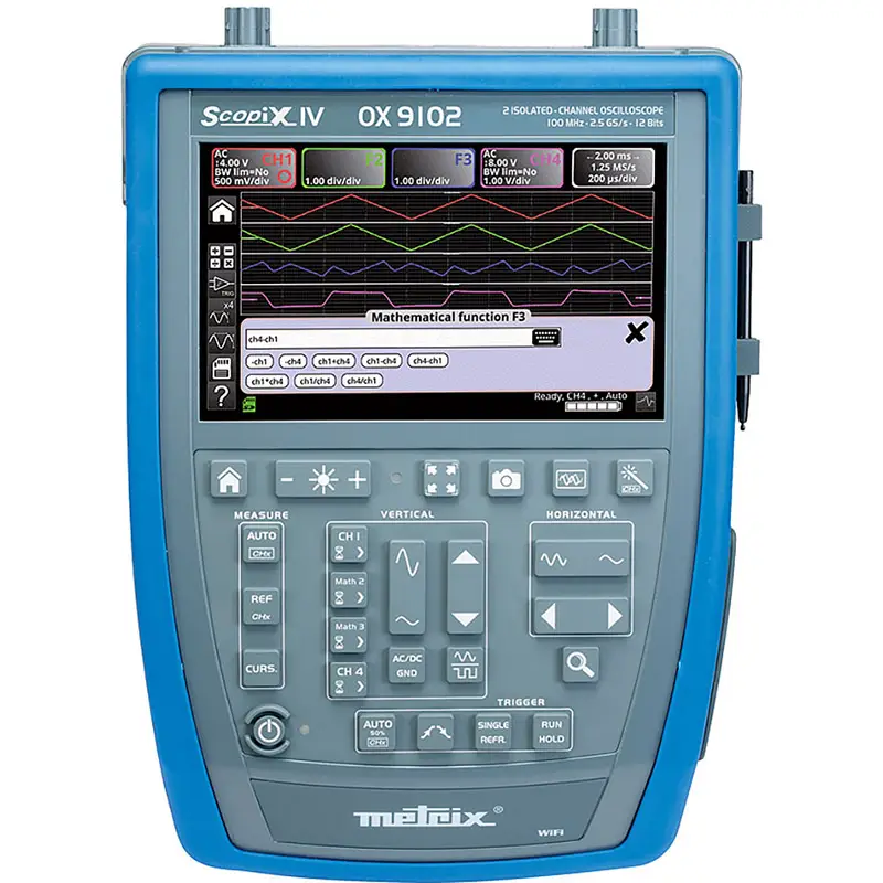 Tragbares Oszilloskop OX 9102 mit Display und Bedienelementen für 2-Kanal-Messungen bis 100 MHz