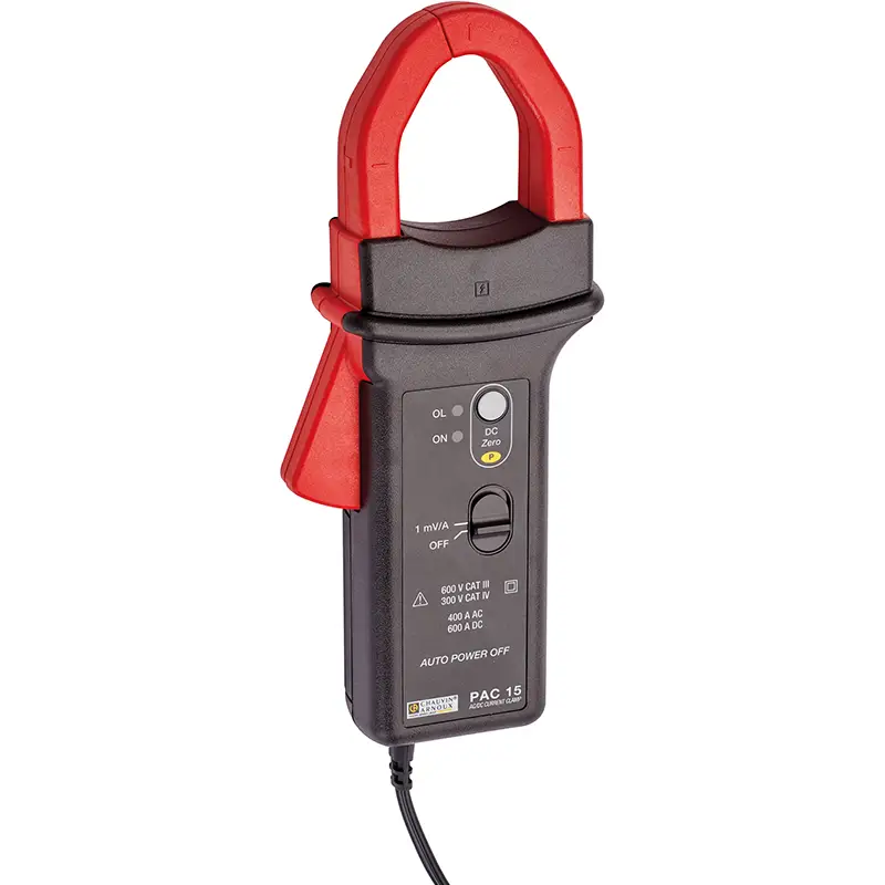 Strommesszange PAC 15 mit rotem Griff und Display zur Messung elektrischer Ströme