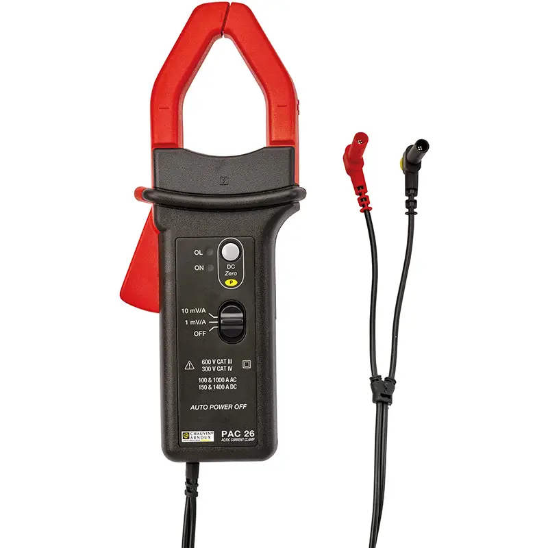 Strommesszange PAC 26 mit Display, Schaltern und Anschlusskabel zur Stromstärkemessung