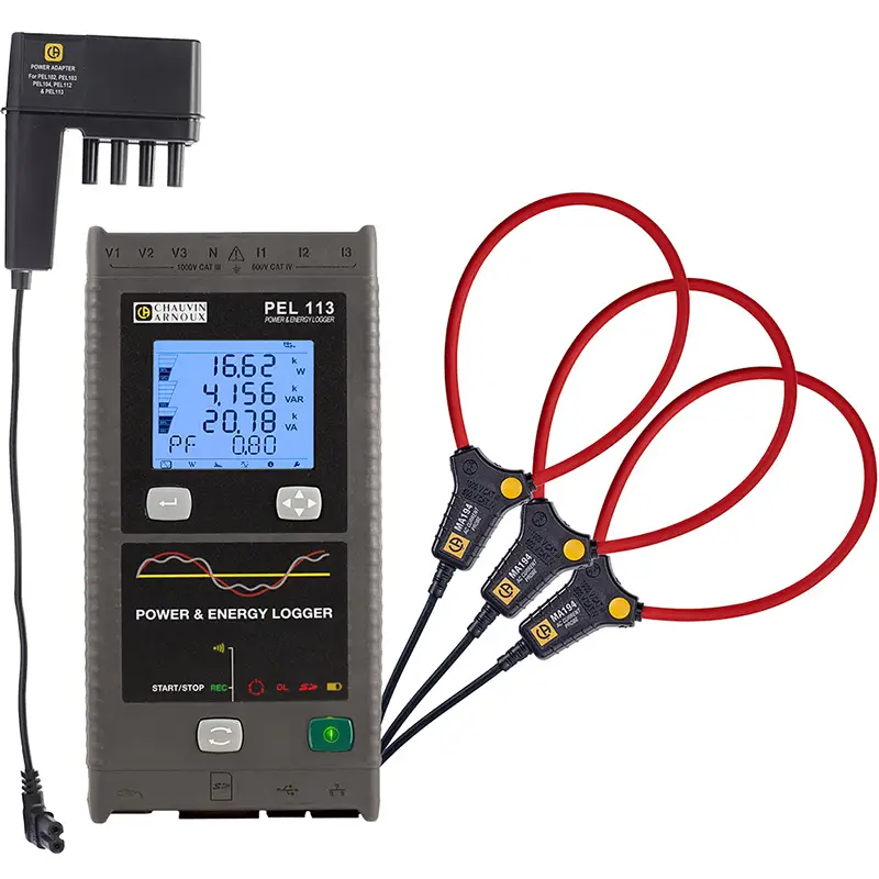 Leistungs- und Energierecorder PEL 113 mit Stromzangen und Netzadapter zur Messung elektrischer Parameter
