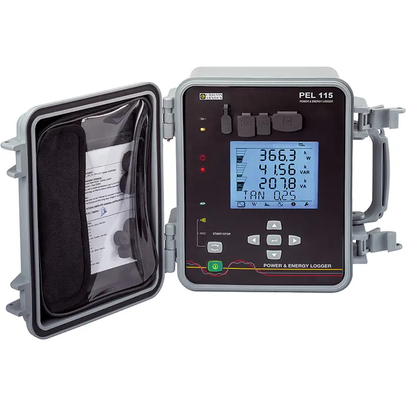 Leistungs- und Energierecorder PEL 115 mit geöffnetem Gehäuse, Steuerungstasten und LCD-Display
