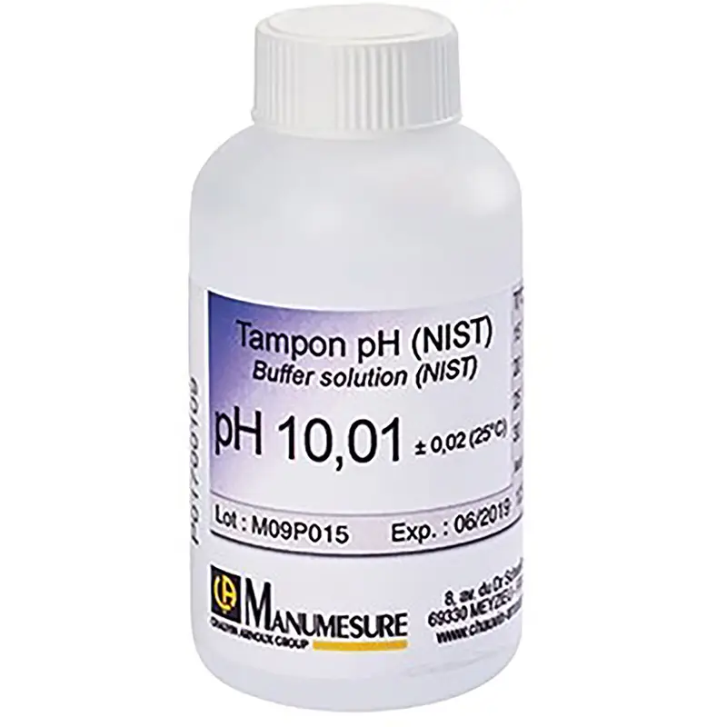 Flasche mit Pufferlösung pH 10,01 DIN-NIST (125 ml) für technische pH-Messungen.