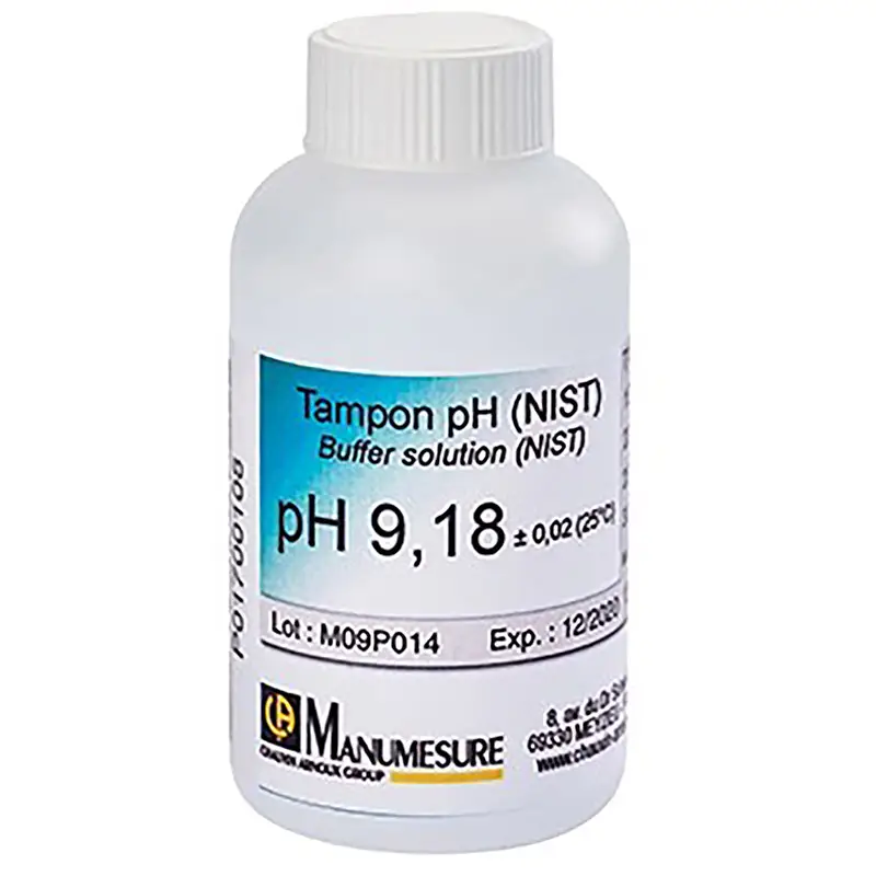Pufferlösung pH 9,18 in 125 ml Flasche mit blau-weißem Etikett für NIST-konforme Messungen.