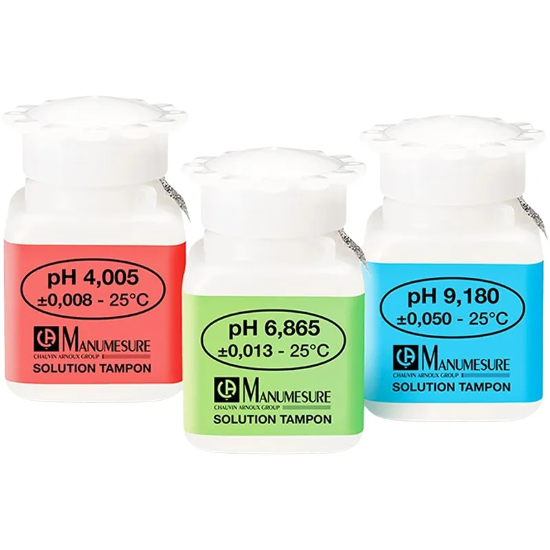 Set mit drei COFRAC-zertifizierten Pufferlösungen (pH 4,005, 6,865, 9,180) in 25-ml-Flaschen für pH-Messgeräte.