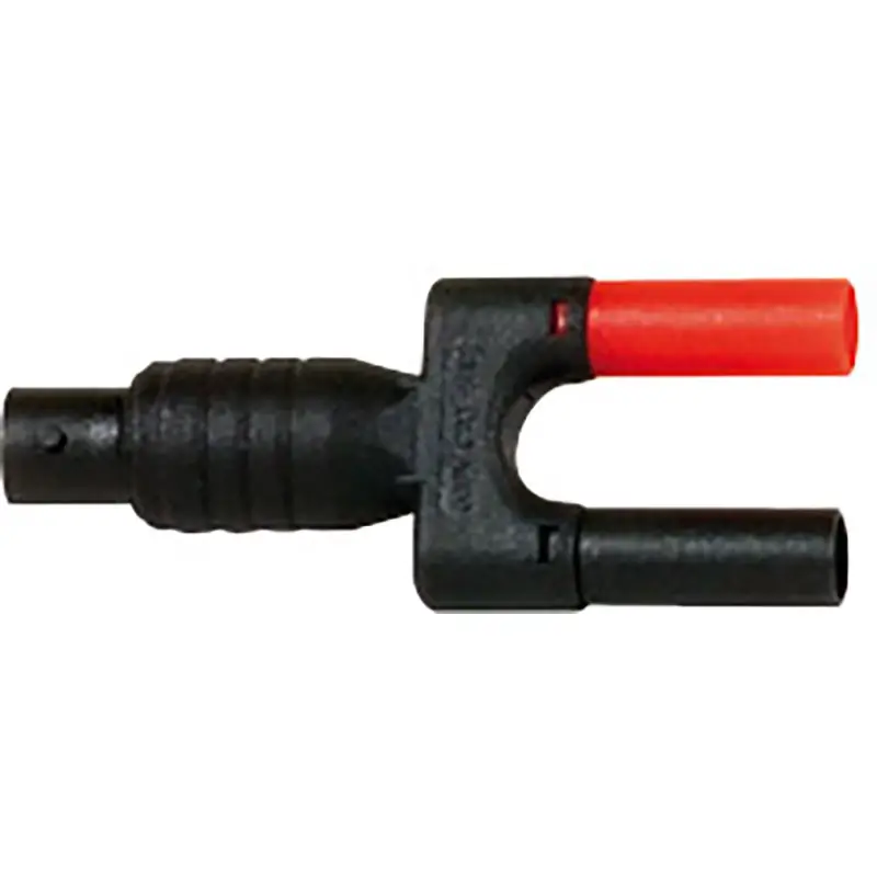 Adapter zur Verbindung von BNC-Buchse mit 4mm-Steckern (rot und schwarz) für Mess- und Prüftechnik.