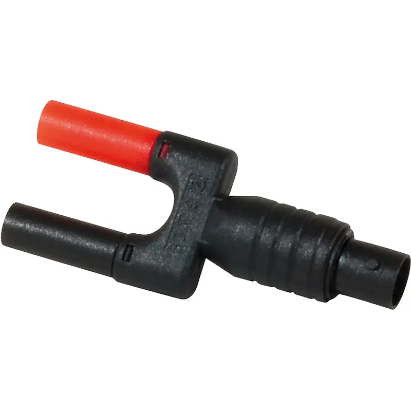 Adapter mit BNC-Buchse (rot abgedeckt) und 4mm-Stecker für Messgeräte