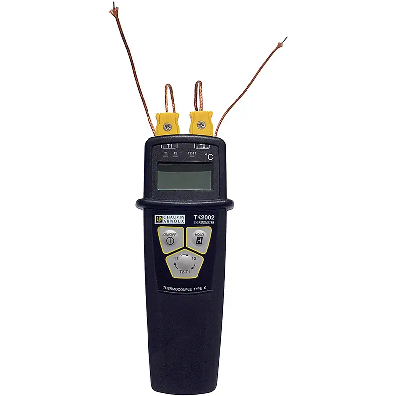 2-Kanal-Thermometer TK 2002 mit zwei Thermoelement-Anschlüssen und LCD-Display zur Temperaturmessung.