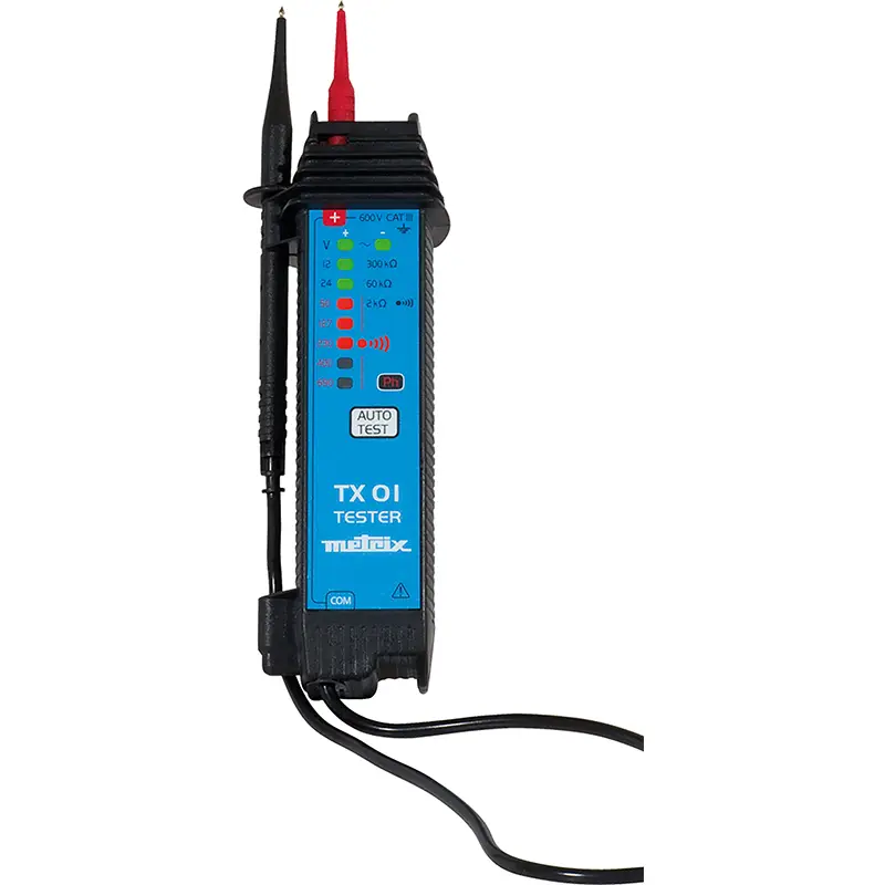 Spannungsprüfer TX 01 mit LCD-Display, Testspitzen und LED-Anzeigen für Messungen
