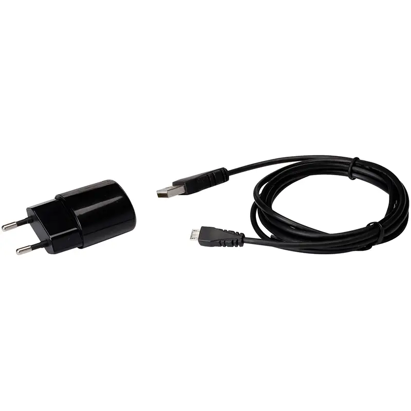 Schwarzer USB-Netzadapter mit Micro-USB-Kabel für die Stromversorgung von Prüfgeräten.