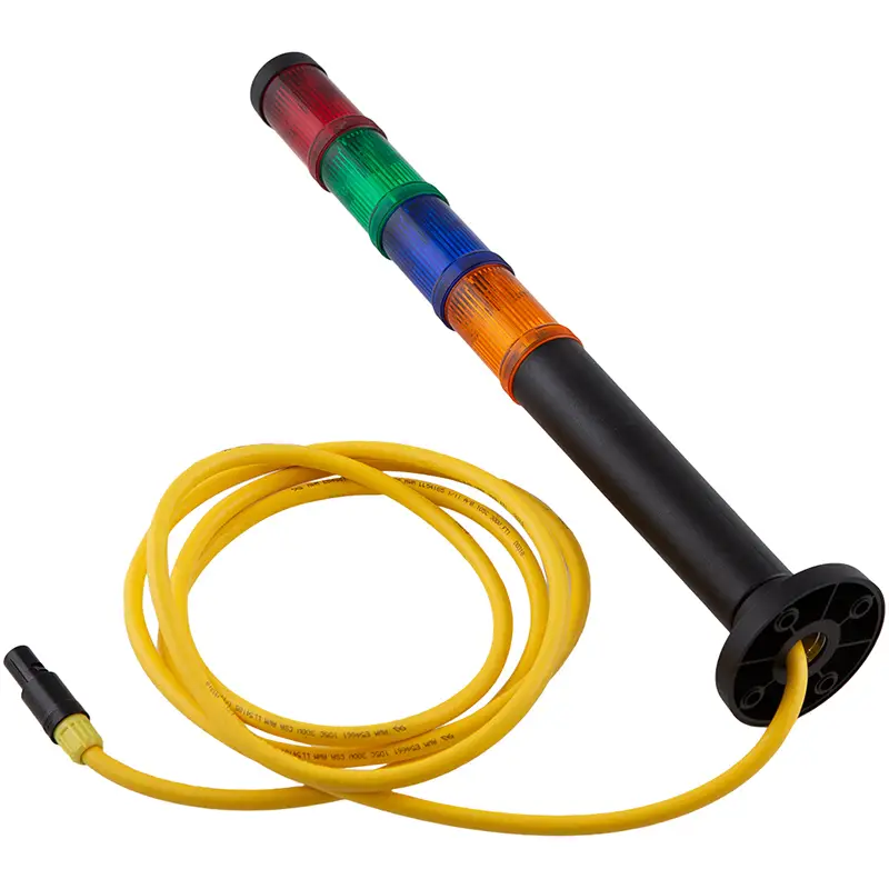 Warnlampe mit vier Farben (rot, grün, blau, orange) und gelbem Anschlusskabel für technische Anwendungen