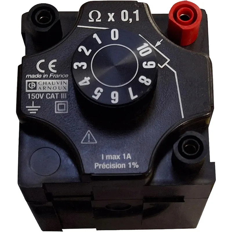 Widerstandsdekade für 0,1 bis 1 Ohm mit Drehschalter und Anschlüssen für Stromstärken bis 1 Ampere.