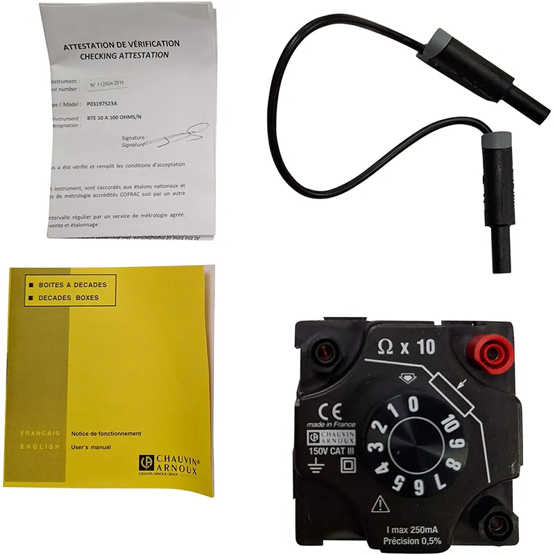 Widerstandsdekade 10–100 Ohm mit einstellbarem Drehknopf und zugehöriger Verkabelung