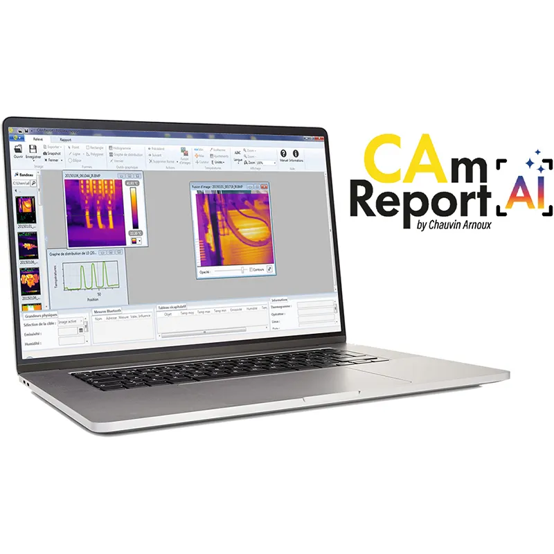 Software CAmReport AI zeigt thermografische Daten und Wärmebilder auf einem Laptop-Bildschirm